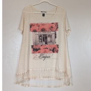 Style-co Top Womens 2X Cream Plus Beaded Detail Boho Chic‎ Fringe Tunic Artsy